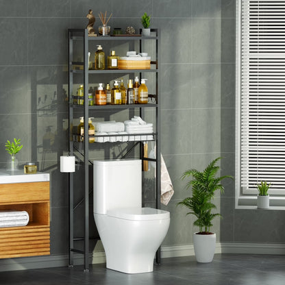 Capri 4-Tier Over-The-Toilet Storage Shelf, Bathroom Organizer Shelf over Toilet, Freestanding Space Saver Rack with Adjustable Shelf and Basket, Rustic Brown