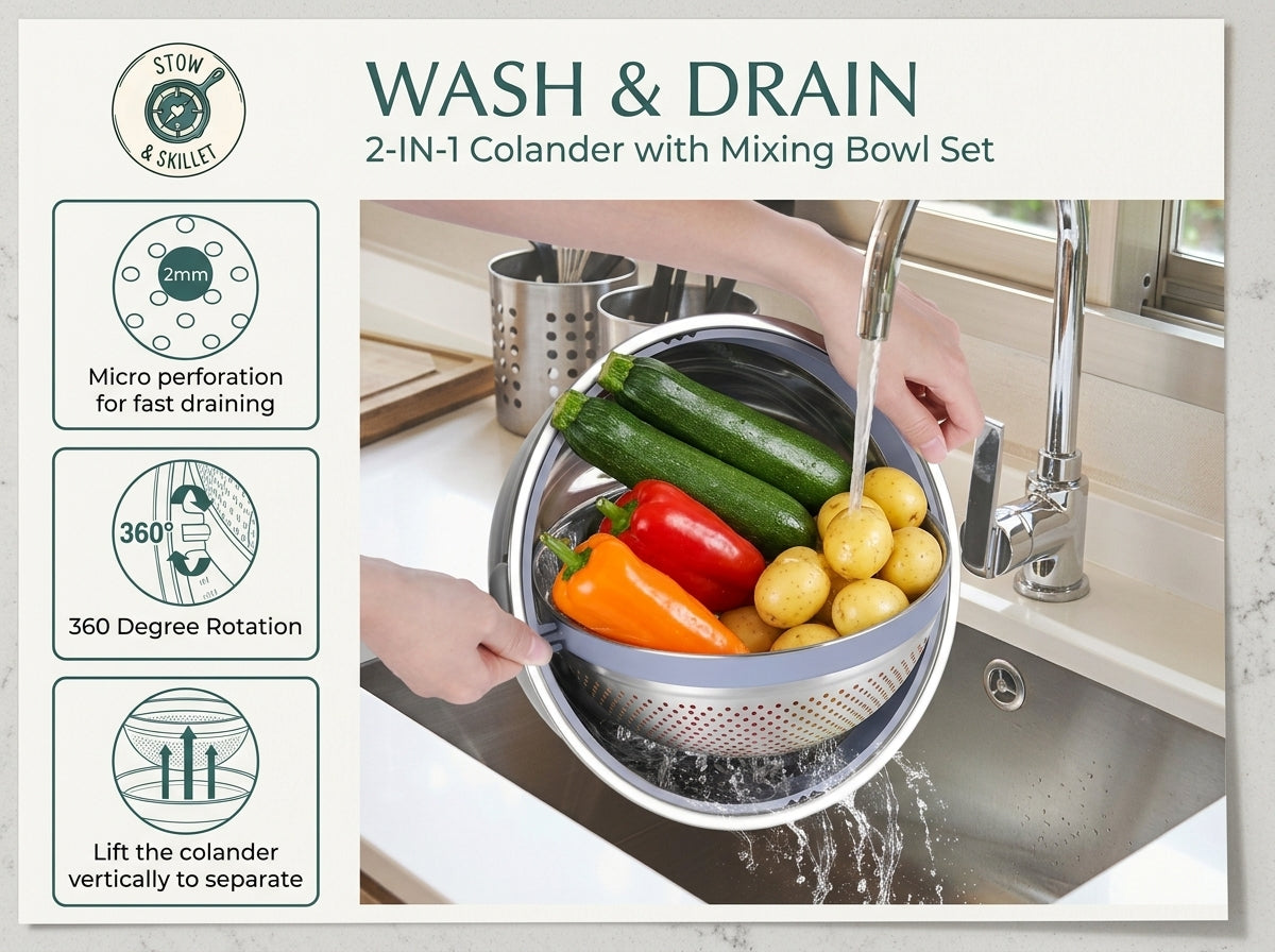 A 2-in-1 colander with mixing bowl set shown in a kitchen sink being used to wash and drain vegetables. The image includes feature callouts on the left side: 5mm micro perforation for fast draining, 360-degree rotation, and lifting the colander vertically to separate the bowl from the drain.