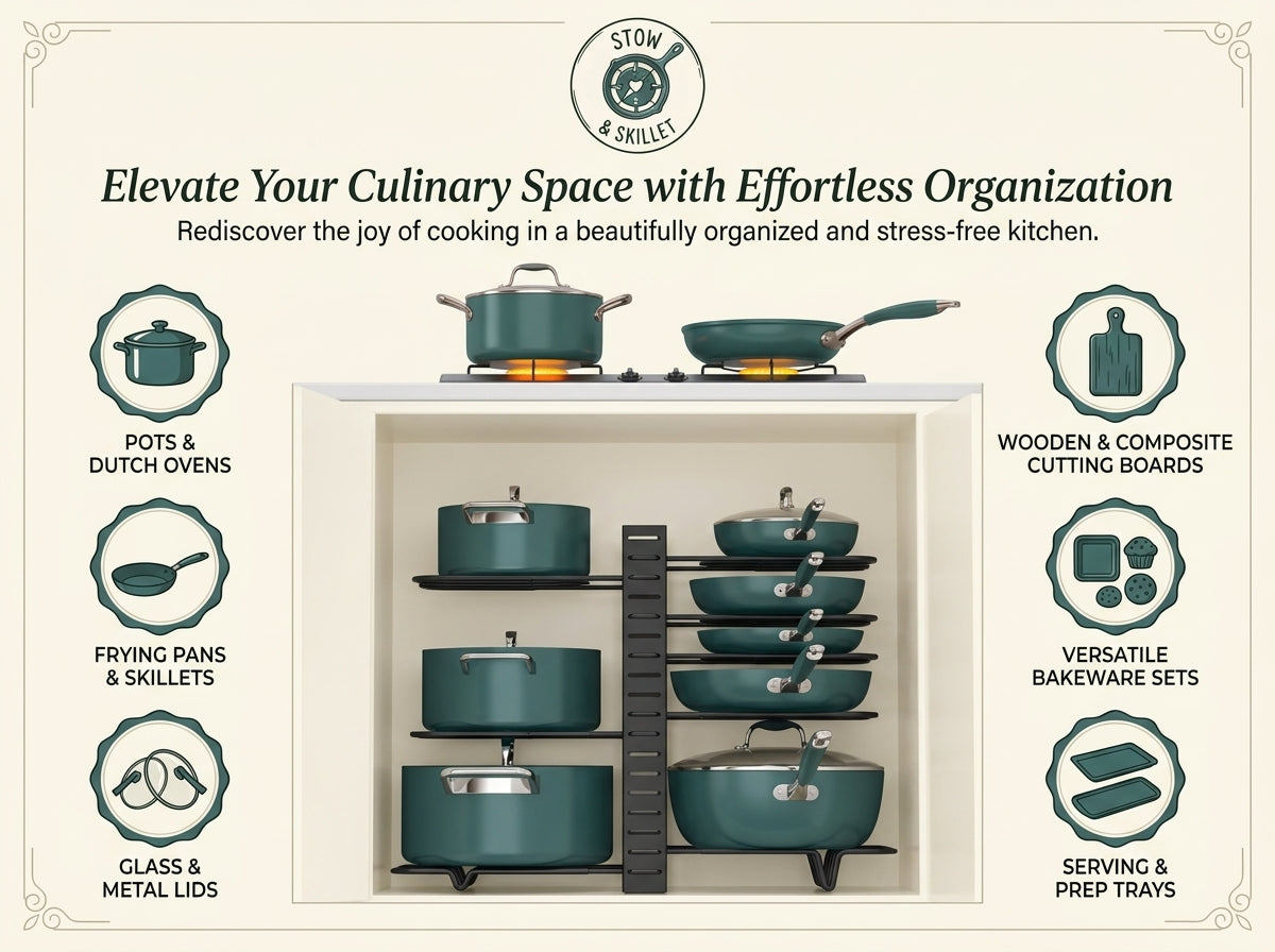 Promotional graphic for Elevate Your Culinary Space' kitchen organization system, showing a teal cookware set neatly arranged on shelves inside a white organizer frame, with feature callouts around it.