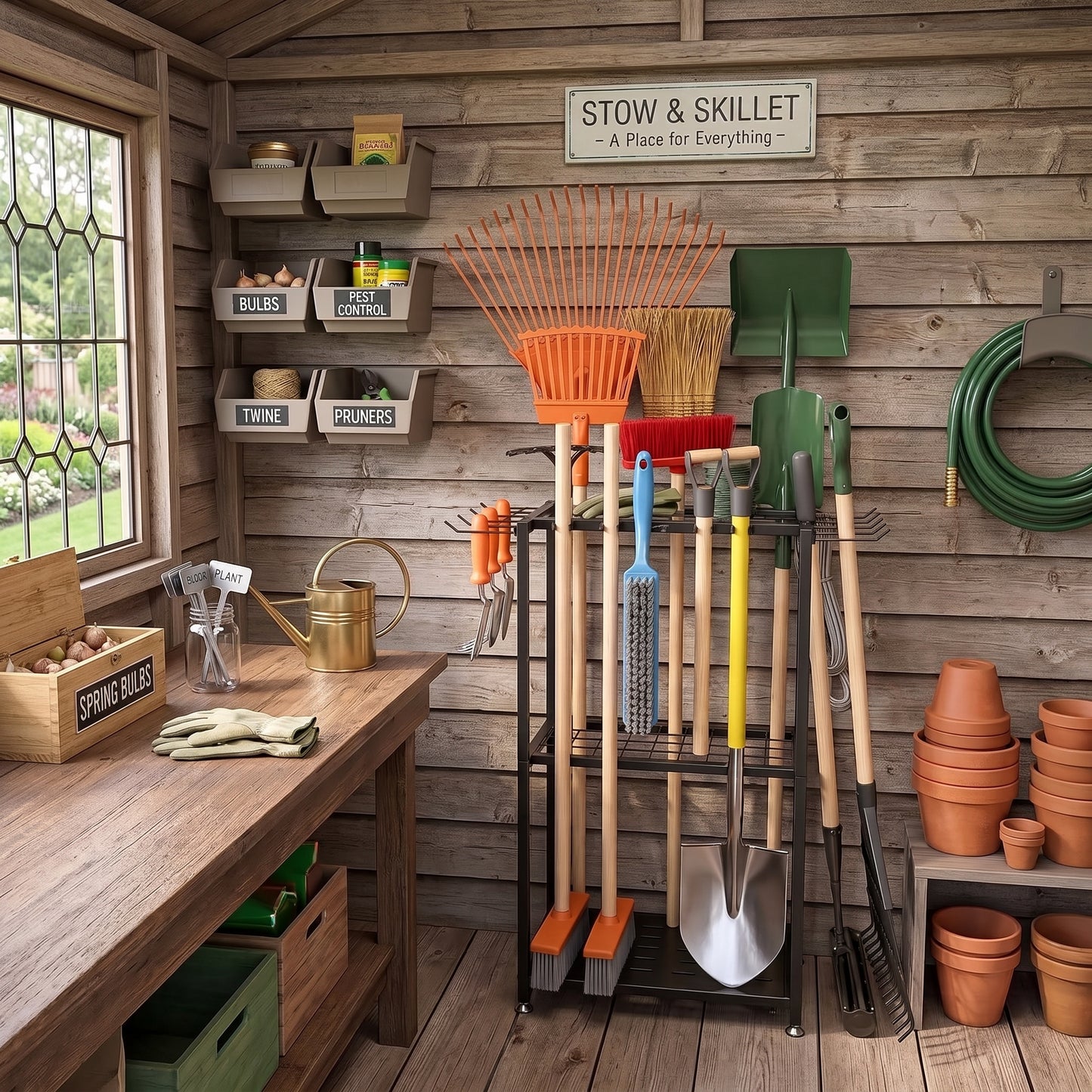 A garden tool storage rack filled with shovels, rakes, and trowels inside a rustic wooden shed. The scene includes a workbench, shelves with labeled bins, terracotta pots, a green hose, and a sign reading 'STOW & SKILLET - A Place for Everything'.