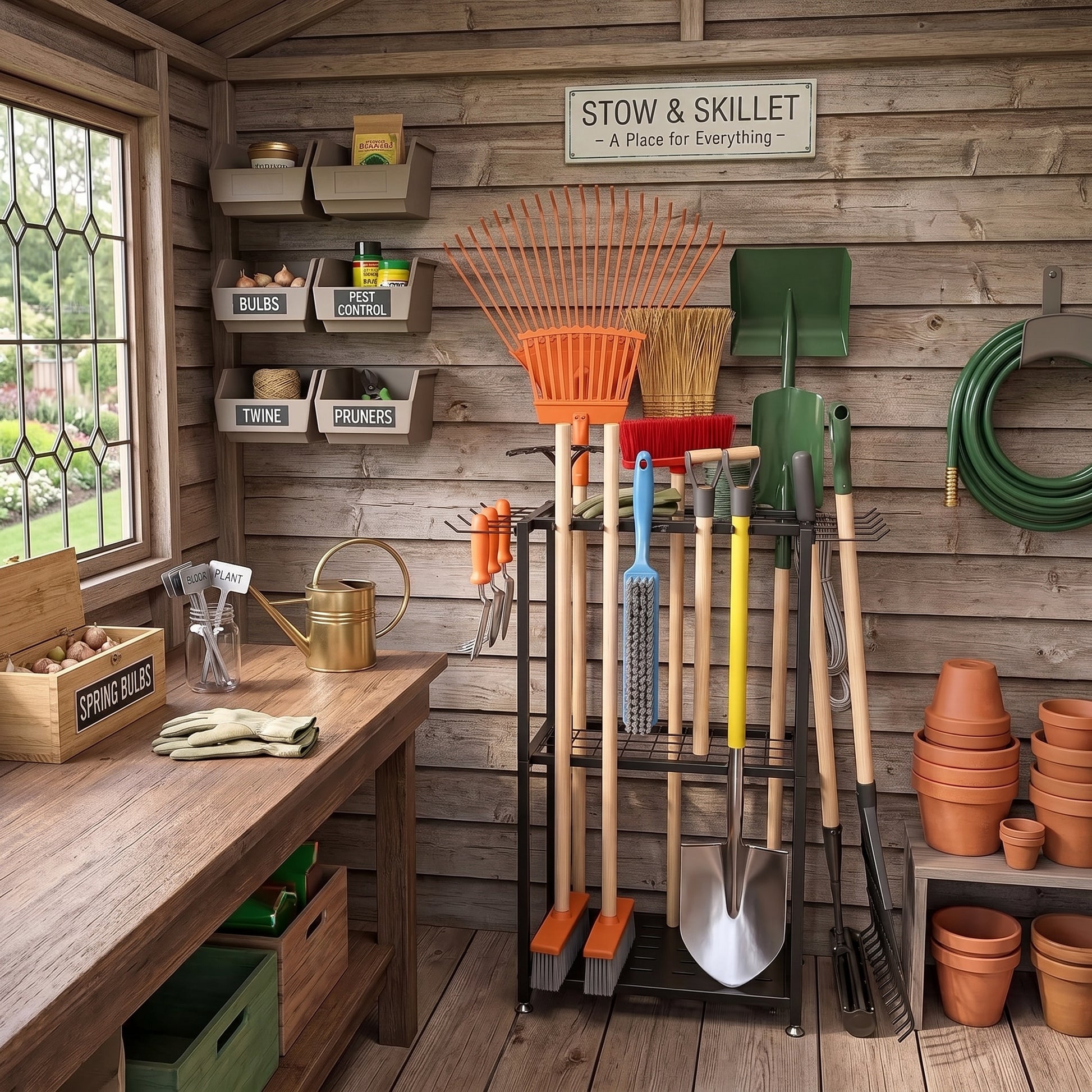 A garden tool storage rack filled with shovels, rakes, and trowels inside a rustic wooden shed. The scene includes a workbench, shelves with labeled bins, terracotta pots, a green hose, and a sign reading 'STOW & SKILLET - A Place for Everything'.
