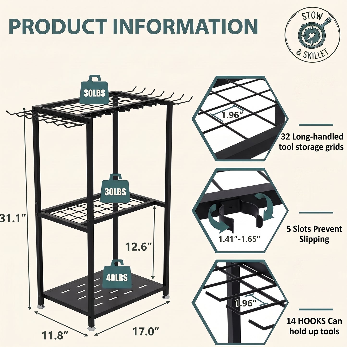 Product information graphic for a black metal 3-tier tool storage rack, showing dimensions, weight capacities, hook count, and close-up feature callouts on a light beige background.