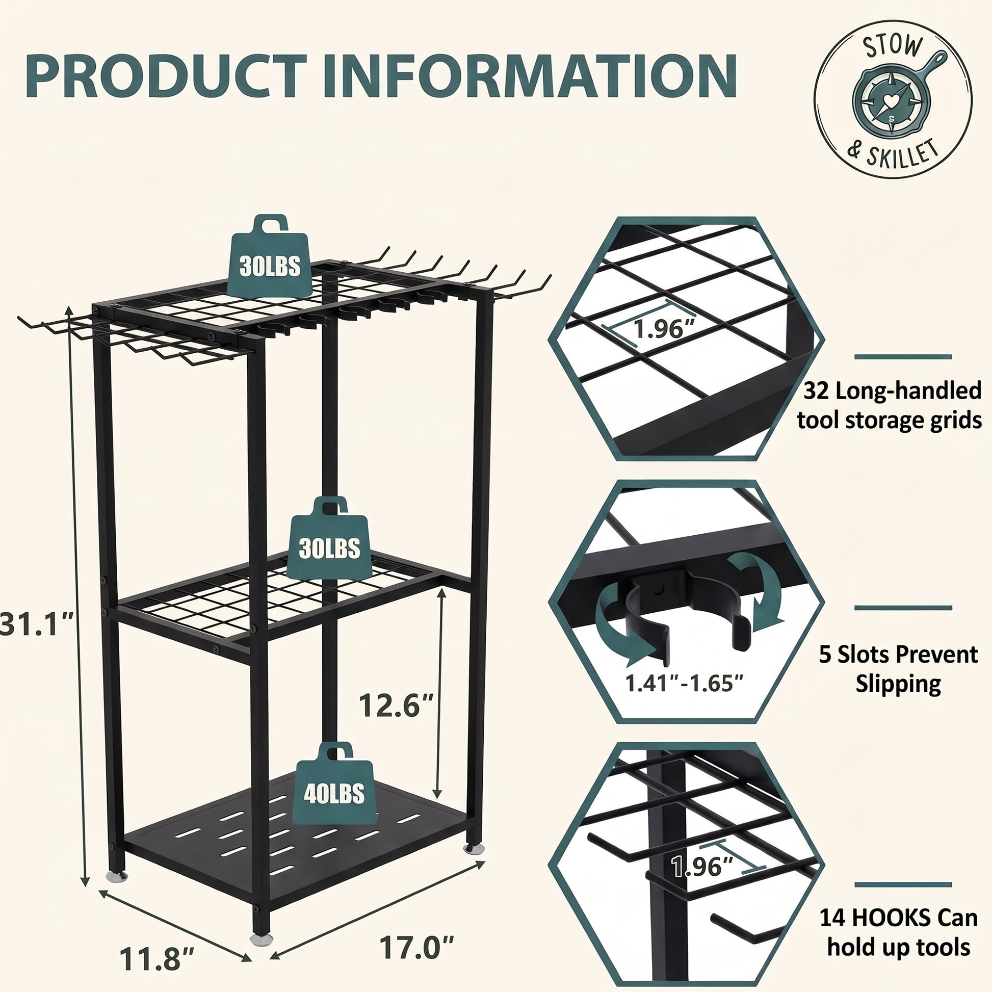Product information graphic for a black metal 3-tier tool storage rack, showing dimensions, weight capacities, hook count, and close-up feature callouts on a light beige background.