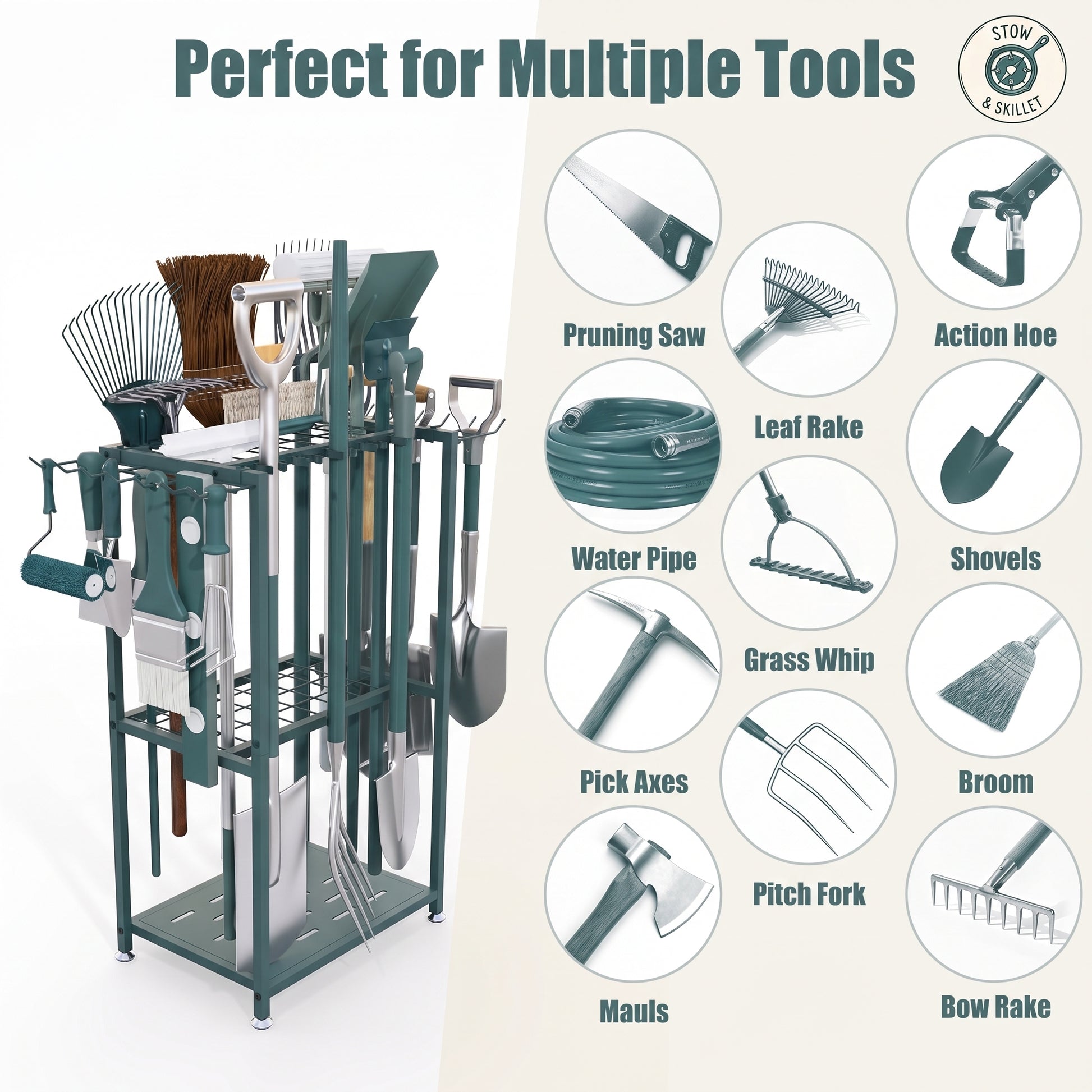 A dark teal garden tool storage rack filled with various gardening tools, shown next to a circular infographic detailing compatible tool types such as pruning saw, leaf rake, water pipe, shovels, mauls, and bows rake. The image has a clean, e-commerce layout on a split white and light beige background.