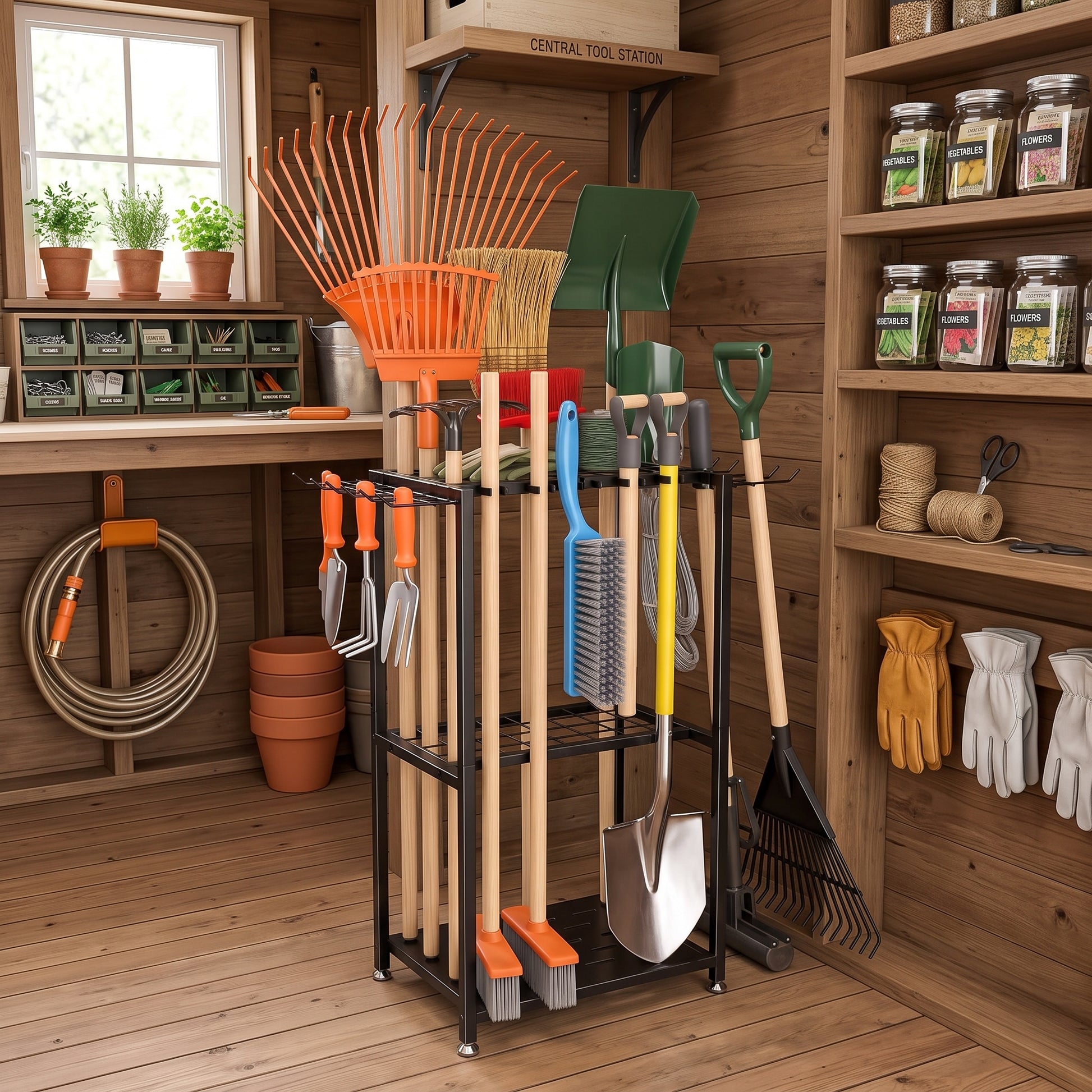 A black metal garden tool cart holding multiple hand tools, including shovels, rakes, a weed whacker, and a brush, displayed inside a wooden shed with shelves and gardening supplies in the background.