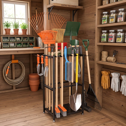 A black metal garden tool cart holding multiple hand tools, including shovels, rakes, a weed whacker, and a brush, displayed inside a wooden shed with shelves and gardening supplies in the background.
