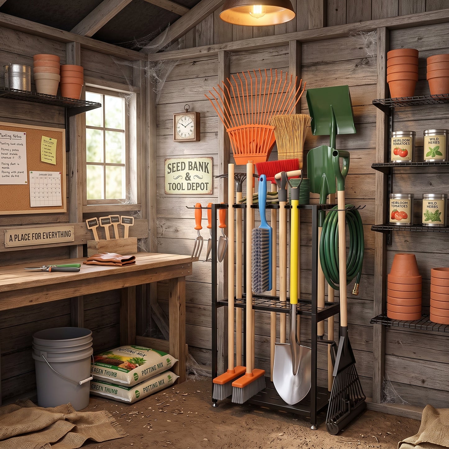 A collection of garden tools, including shovels, rakes, and a green hose, organized on a black metal rack inside a rustic wooden shed with shelves of pots and gardening supplies.