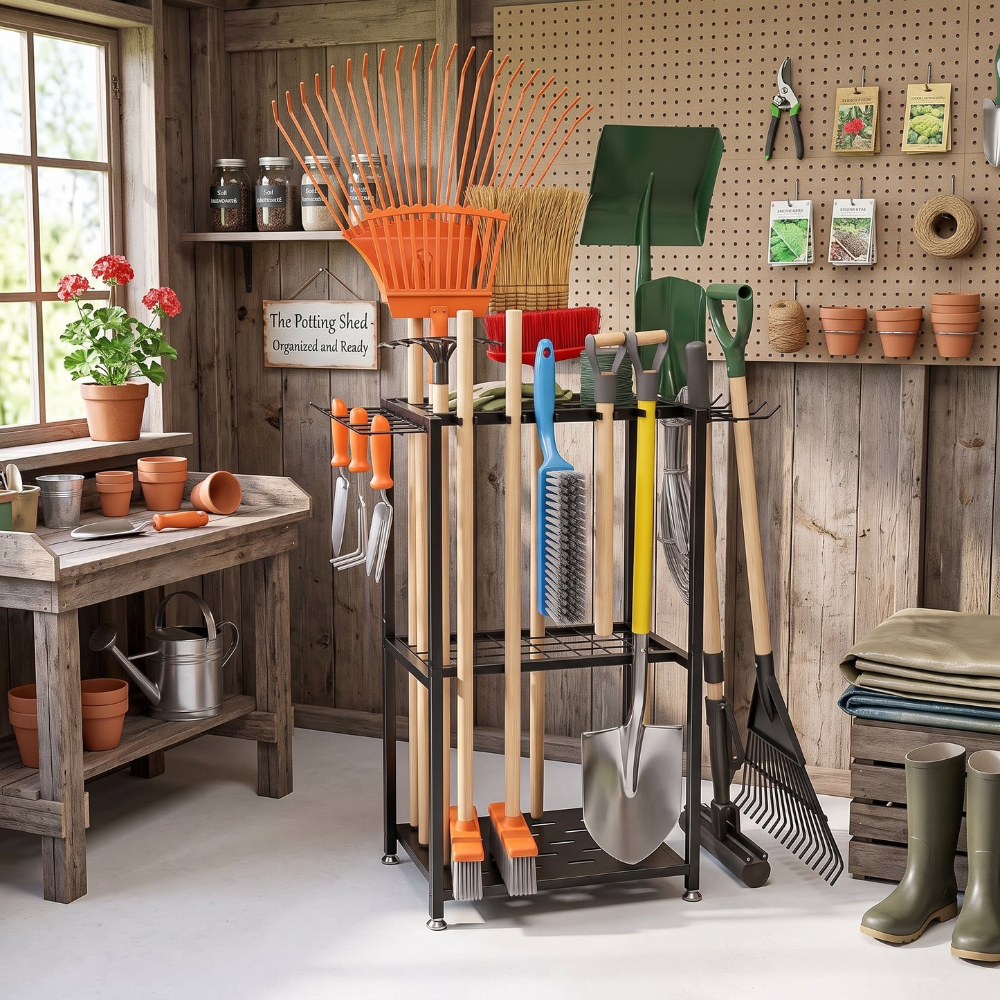 A black metal garden tool storage rack holding various gardening tools, including shovels, rakes, a weeder, and a blue-handled brush, set in a rustic wood-paneled garden shed with a workbench, potted plants, and gardening accessories.
