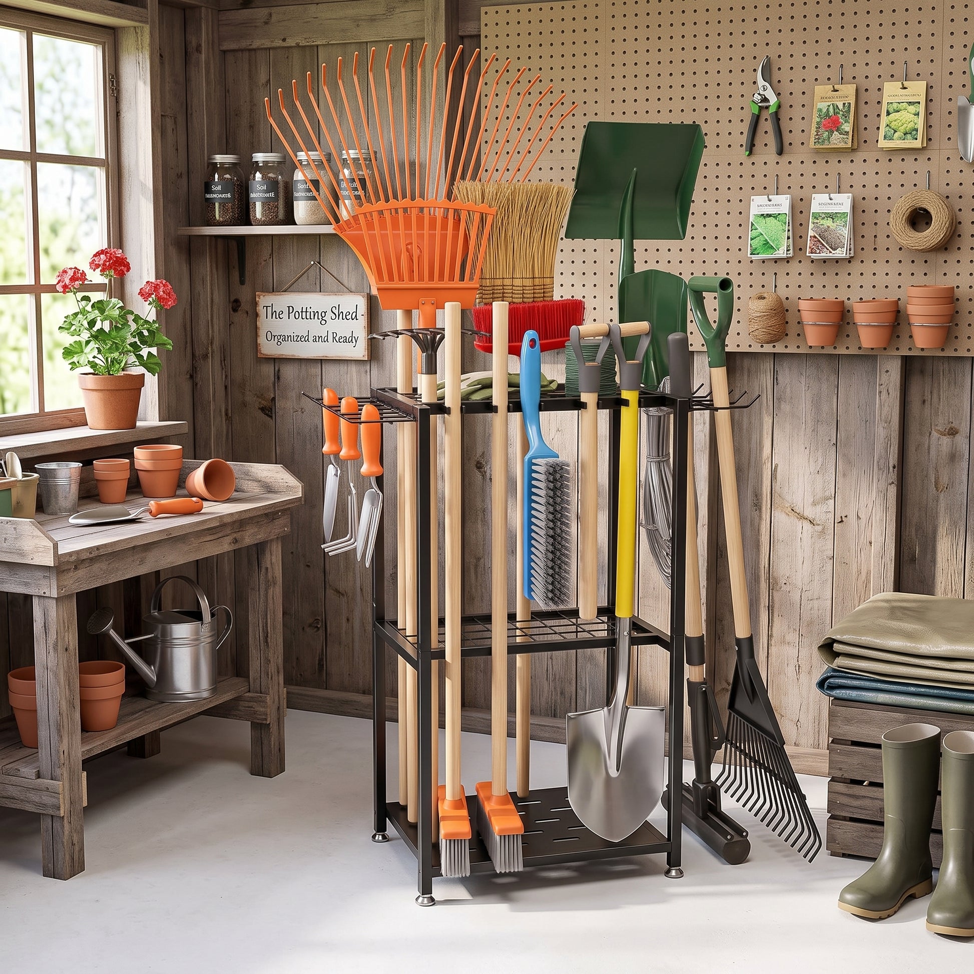 A black metal garden tool storage rack holding various gardening tools, including shovels, rakes, a weeder, and a blue-handled brush, set in a rustic wood-paneled garden shed with a workbench, potted plants, and gardening accessories.