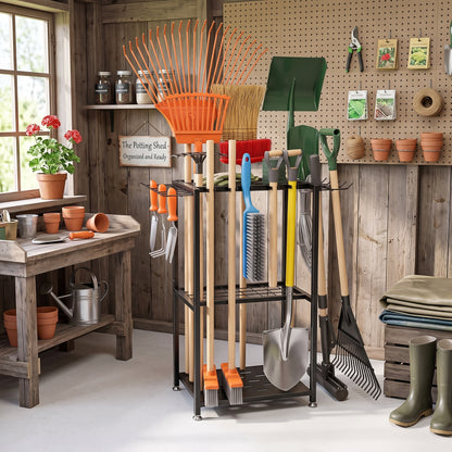 A black metal garden tool storage rack holding various gardening tools, including shovels, rakes, a weeder, and a blue-handled brush, set in a rustic wood-paneled garden shed with a workbench, potted plants, and gardening accessories.