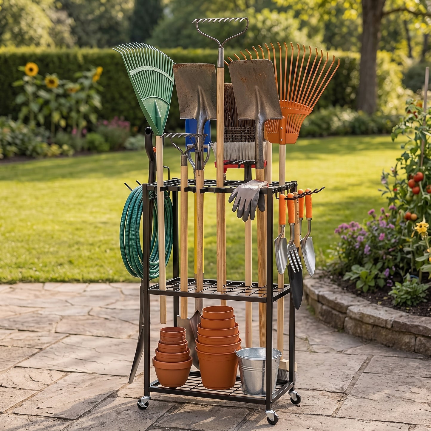 A black metal garden tool cart with wheels, shown outdoors on a stone patio with a green lawn and garden beds in the background. The cart is stocked with gardening tools including green and orange-handled rakes, brown and silver shovels, a green coiled hose, gardening gloves, trowels, terracotta pots, and a metal bucket.
