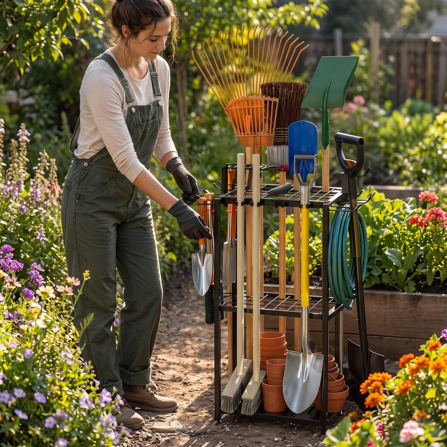 A woman in green overalls and gardening gloves stands in a sunny garden next to a black metal three-tier tool cart filled with shovels, rakes, a green hose, and terracotta pots.