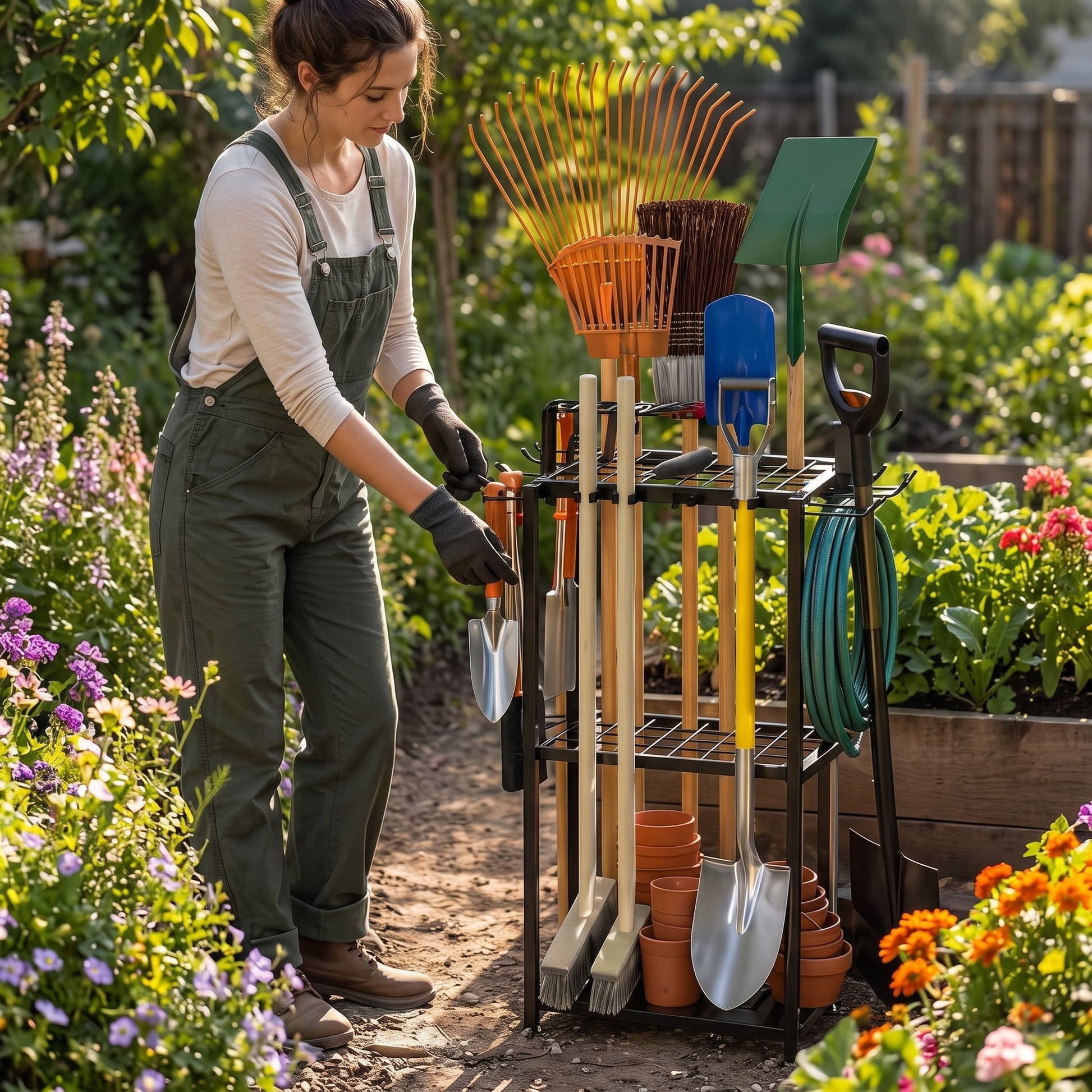 A woman in green overalls and gardening gloves stands in a sunny garden next to a black metal three-tier tool cart filled with shovels, rakes, a green hose, and terracotta pots.
