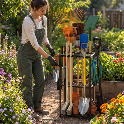 A woman in green overalls and gardening gloves stands in a sunny garden next to a black metal three-tier tool cart filled with shovels, rakes, a green hose, and terracotta pots.