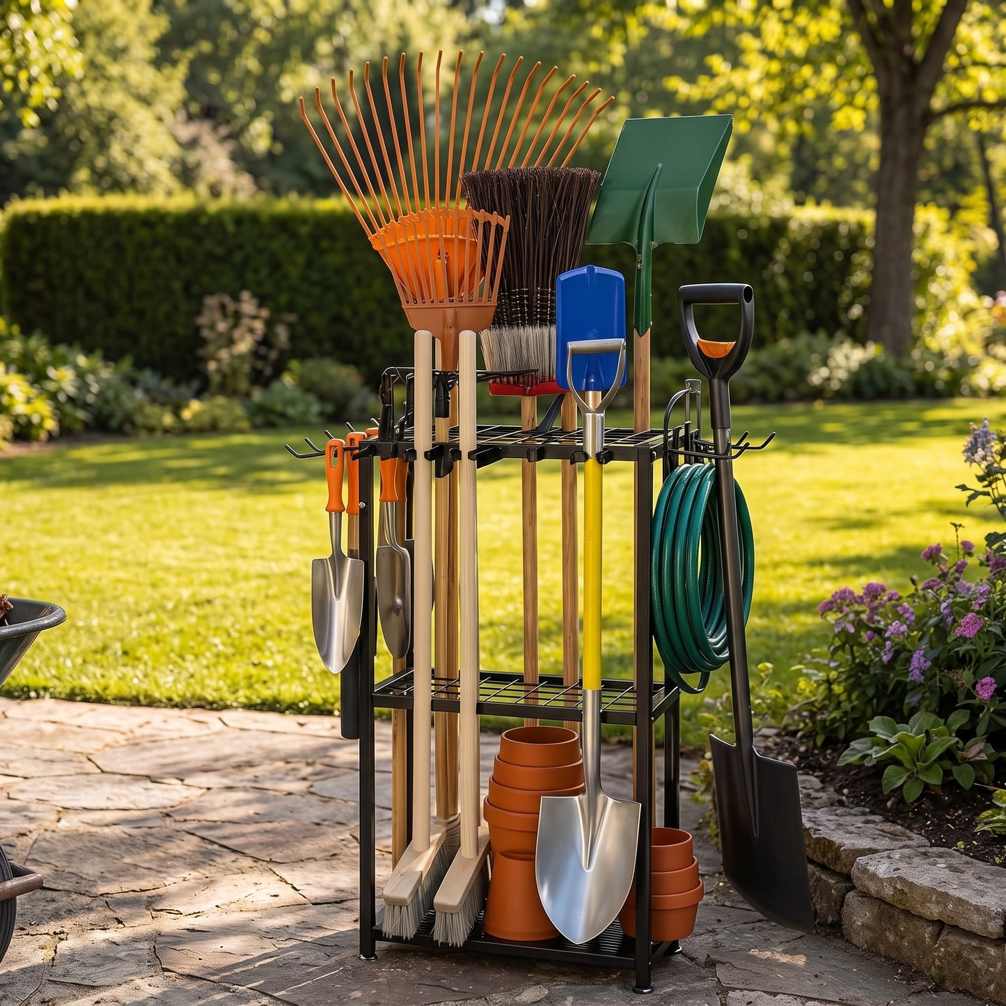 Garden tool organizer with feet shown in a garden