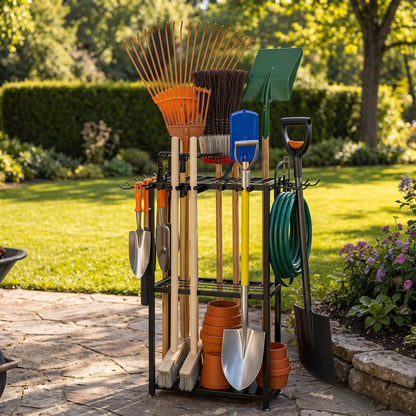 Garden tool organizer with feet shown in a garden