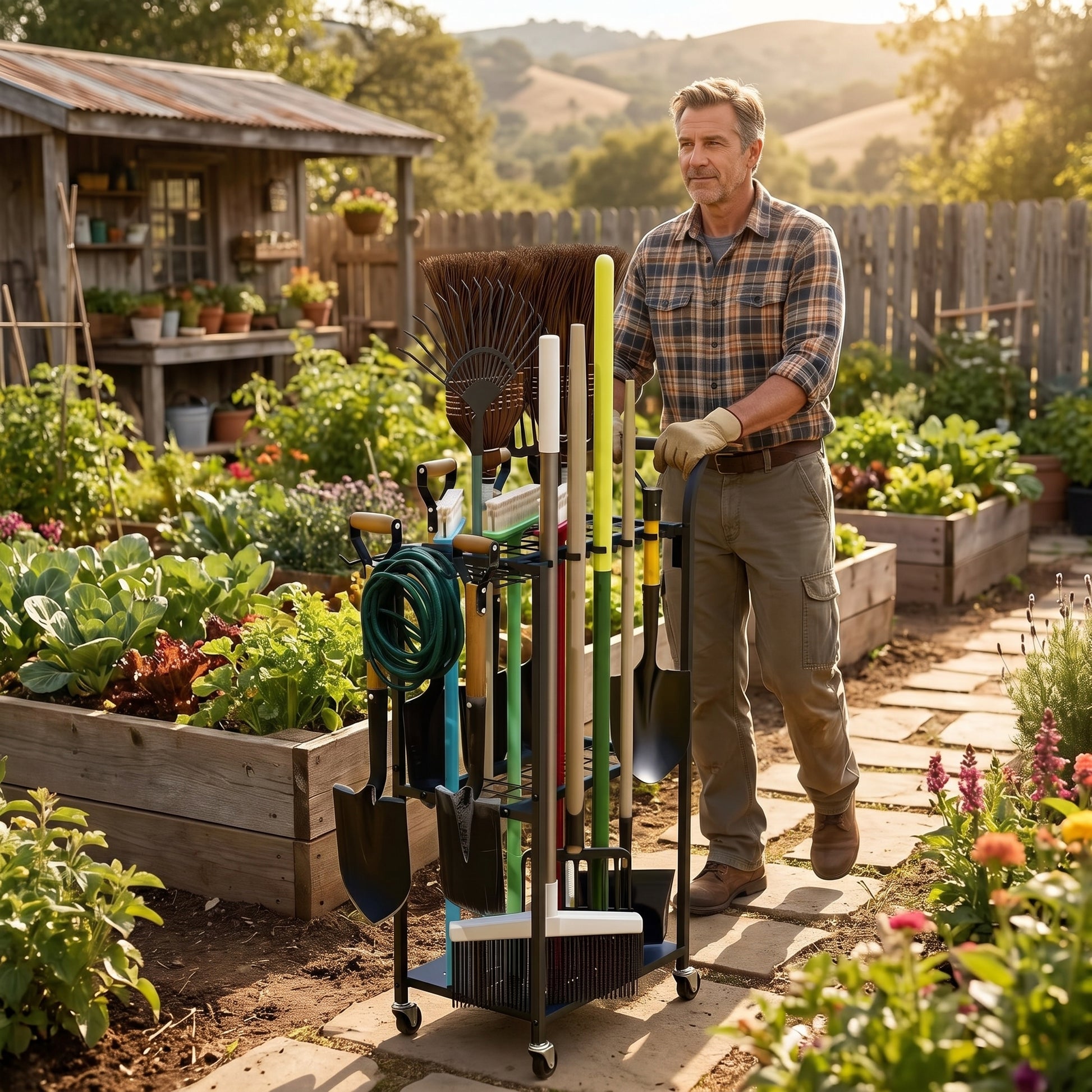 Garden tool organizer with wheels
