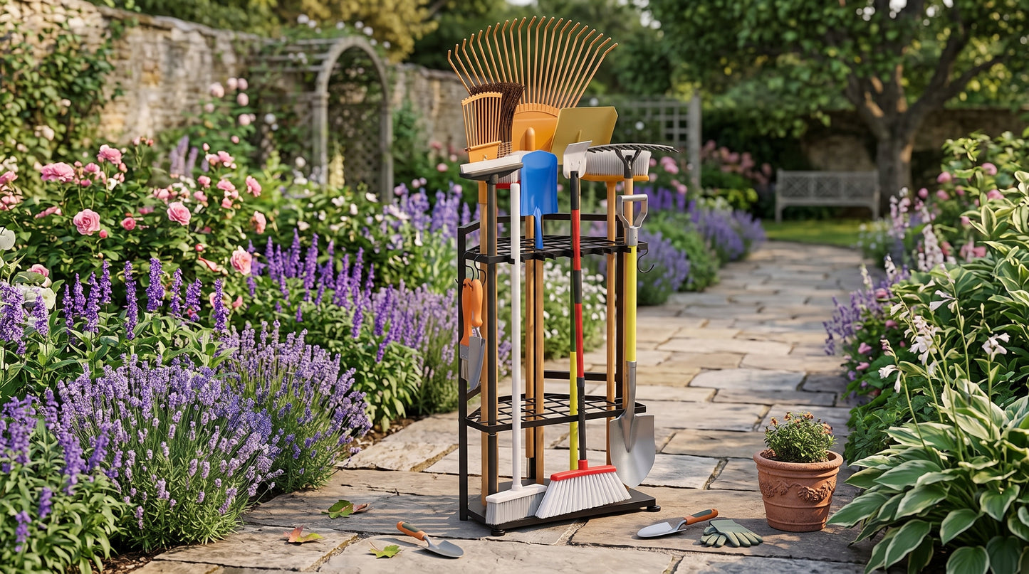 Corner shaped Garden tool organizer holding long-handle tools separated by slot in a garden