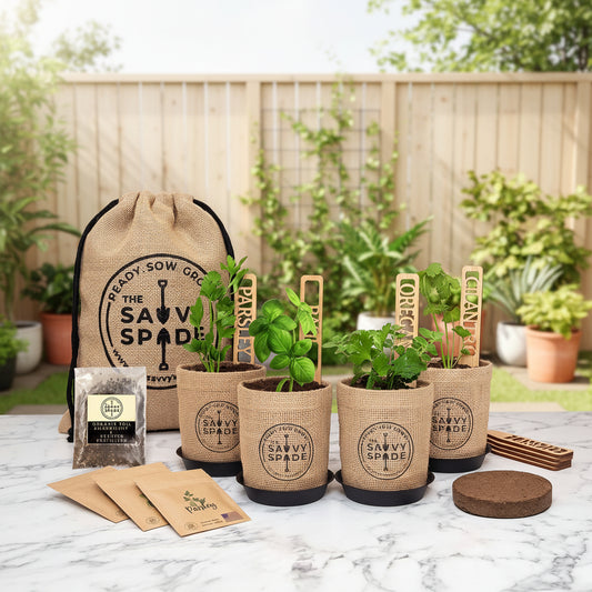 Indoor herb garden kit displayed on a kitchen countertop. The set includes four small burlap pots with green herbs growing inside, wooden plant labels, a burlap drawstring bag with the logo, a packet of seeds, and small planting packets.