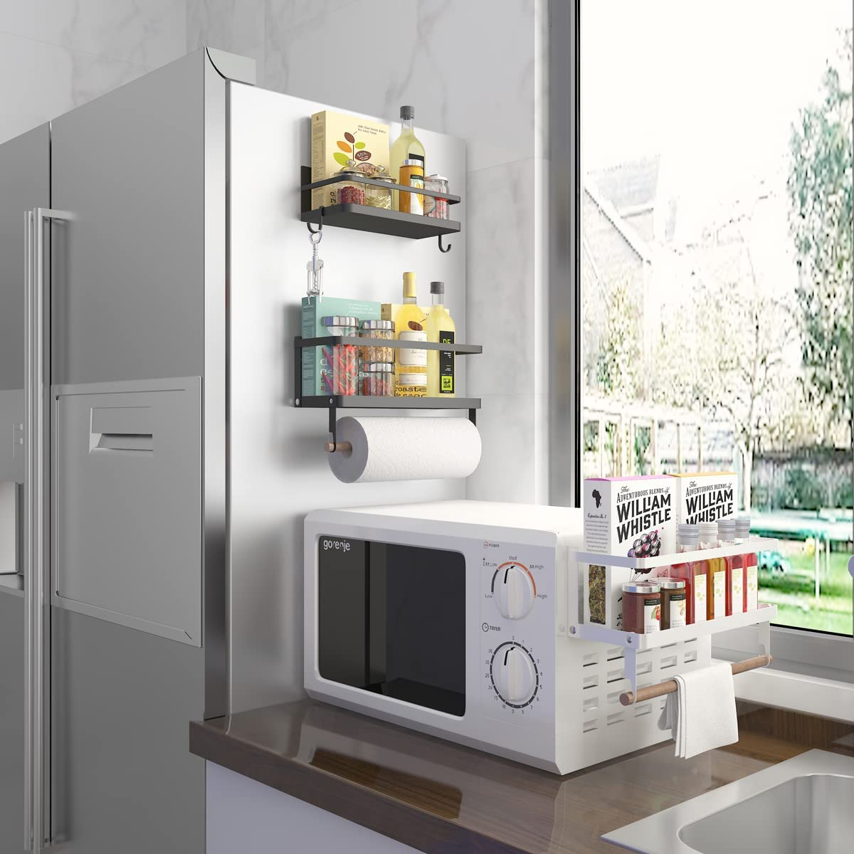 Maximize Your Kitchen Space with the Magnetic 2-in-1 Spice Rack and Paper Towel Holder - Effortless Organization with Utility Hooks!