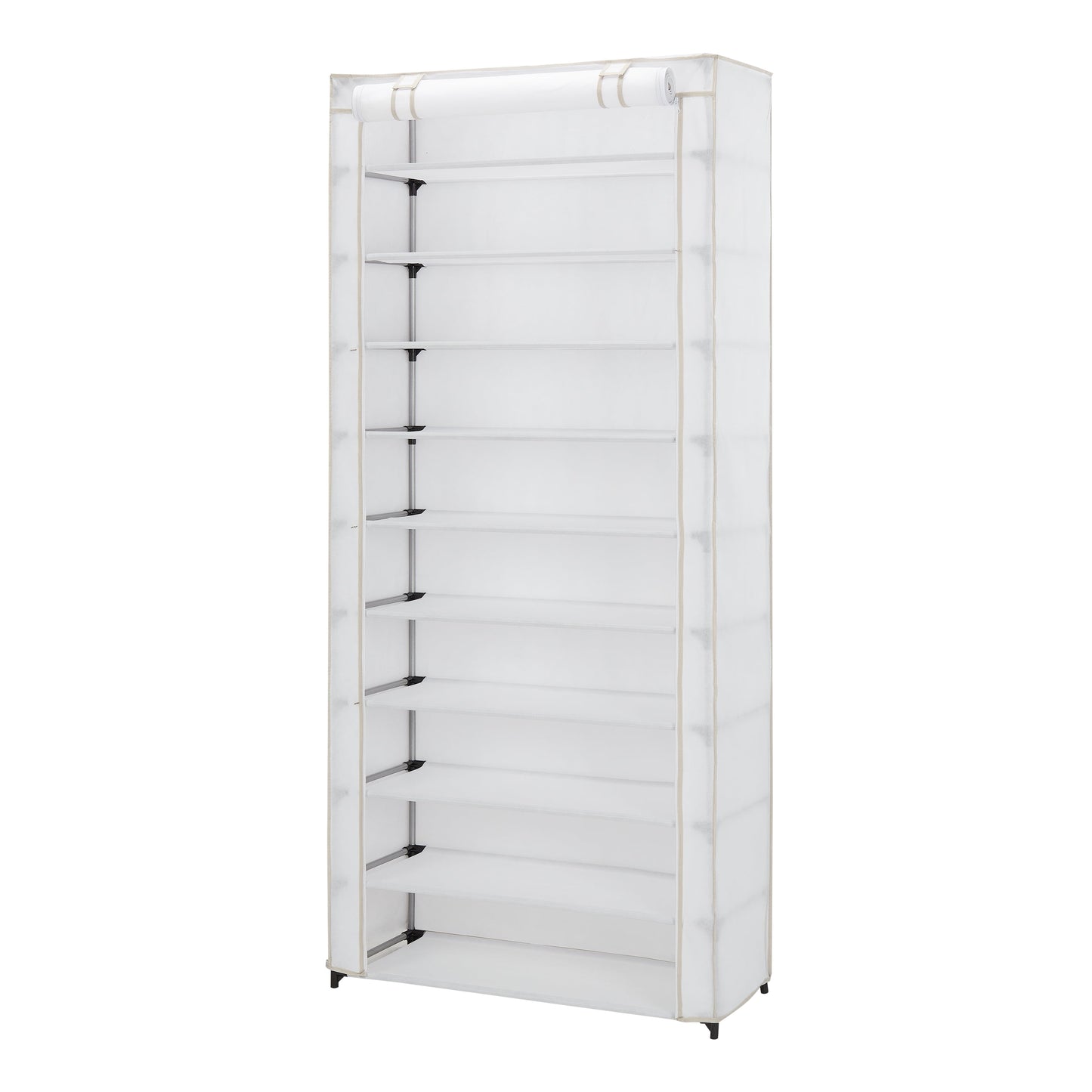 Mainstays 10-Shelf Shoe Organizer with Cover, Accommodates 30 Pairs, Dimensions: 31.5"W x 13.46"D x 69.09"H, White