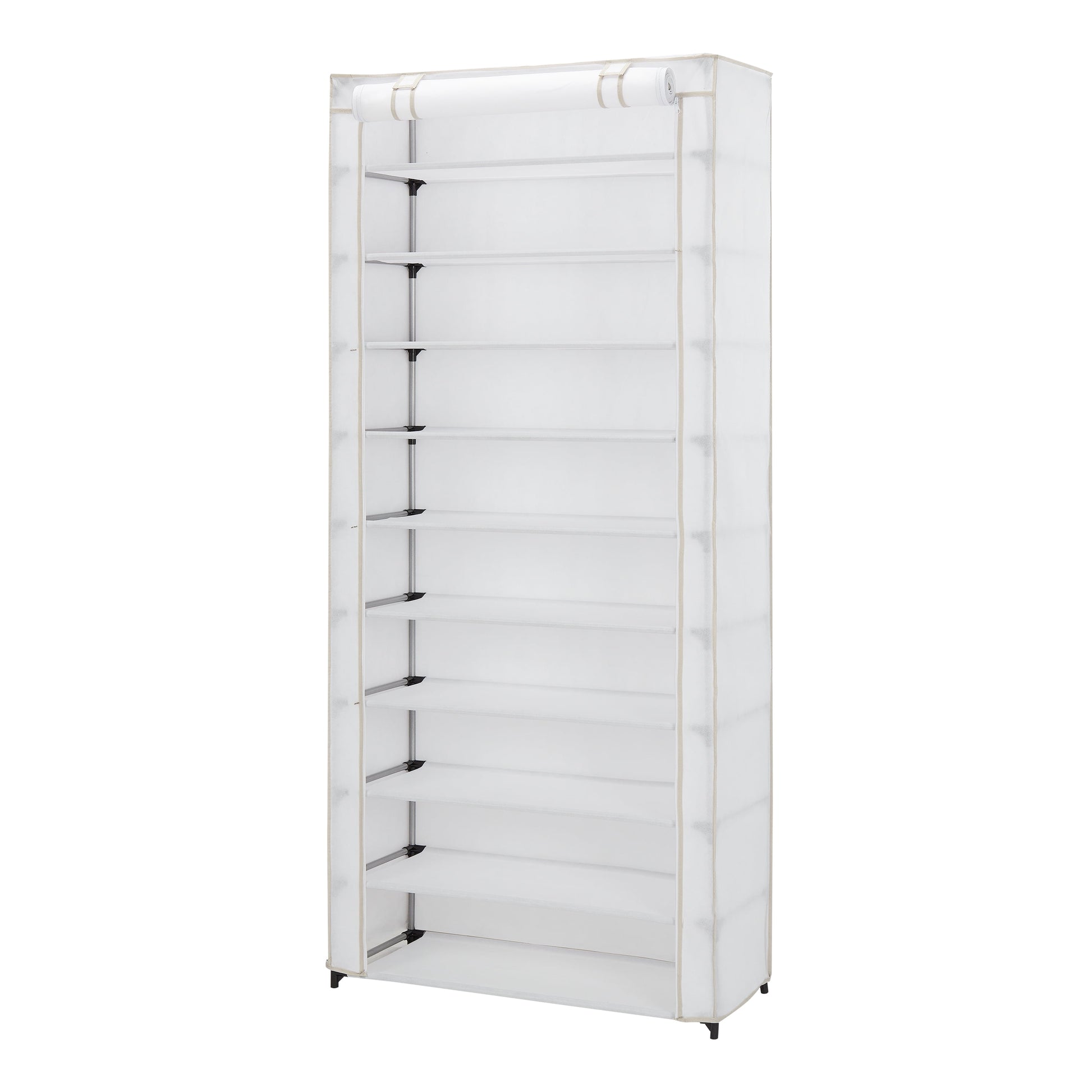 Mainstays 10-Shelf Shoe Organizer with Cover, Accommodates 30 Pairs, Dimensions: 31.5"W x 13.46"D x 69.09"H, White
