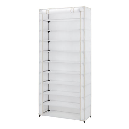 Mainstays 10-Shelf Shoe Organizer with Cover, Accommodates 30 Pairs, Dimensions: 31.5"W x 13.46"D x 69.09"H, White