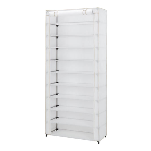 Mainstays 10-Shelf Shoe Organizer with Cover, Accommodates 30 Pairs, Dimensions: 31.5"W x 13.46"D x 69.09"H, White