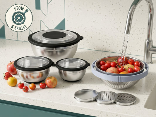A set of stainless steel kitchen containers and accessories displayed on a kitchen counter, including nested bowls with lids, a colander basket, and three metal strainers. Fresh fruit and a running faucet are visible in the scene, with a 'Stow & Skillet' logo in the top-left corner.