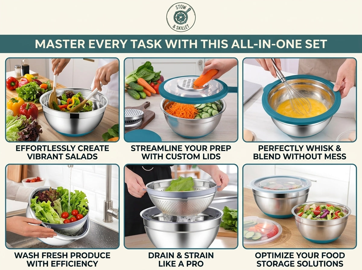 A promotional collage for an all-in-one stainless steel food prep and storage set, showing six demonstration panels with hands using the bowls, strainer, lids, and mixing bowls in kitchen scenes. Text highlights tasks like making salads, blending, whisking, washing produce, draining, and food storage optimization.