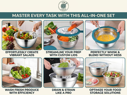 A promotional collage for an all-in-one stainless steel food prep and storage set, showing six demonstration panels with hands using the bowls, strainer, lids, and mixing bowls in kitchen scenes. Text highlights tasks like making salads, blending, whisking, washing produce, draining, and food storage optimization.