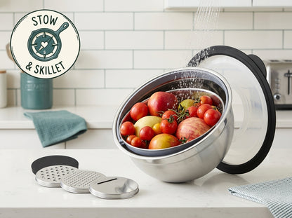 nesting mixing bowl/colander with grating accessories and lid-5 peice