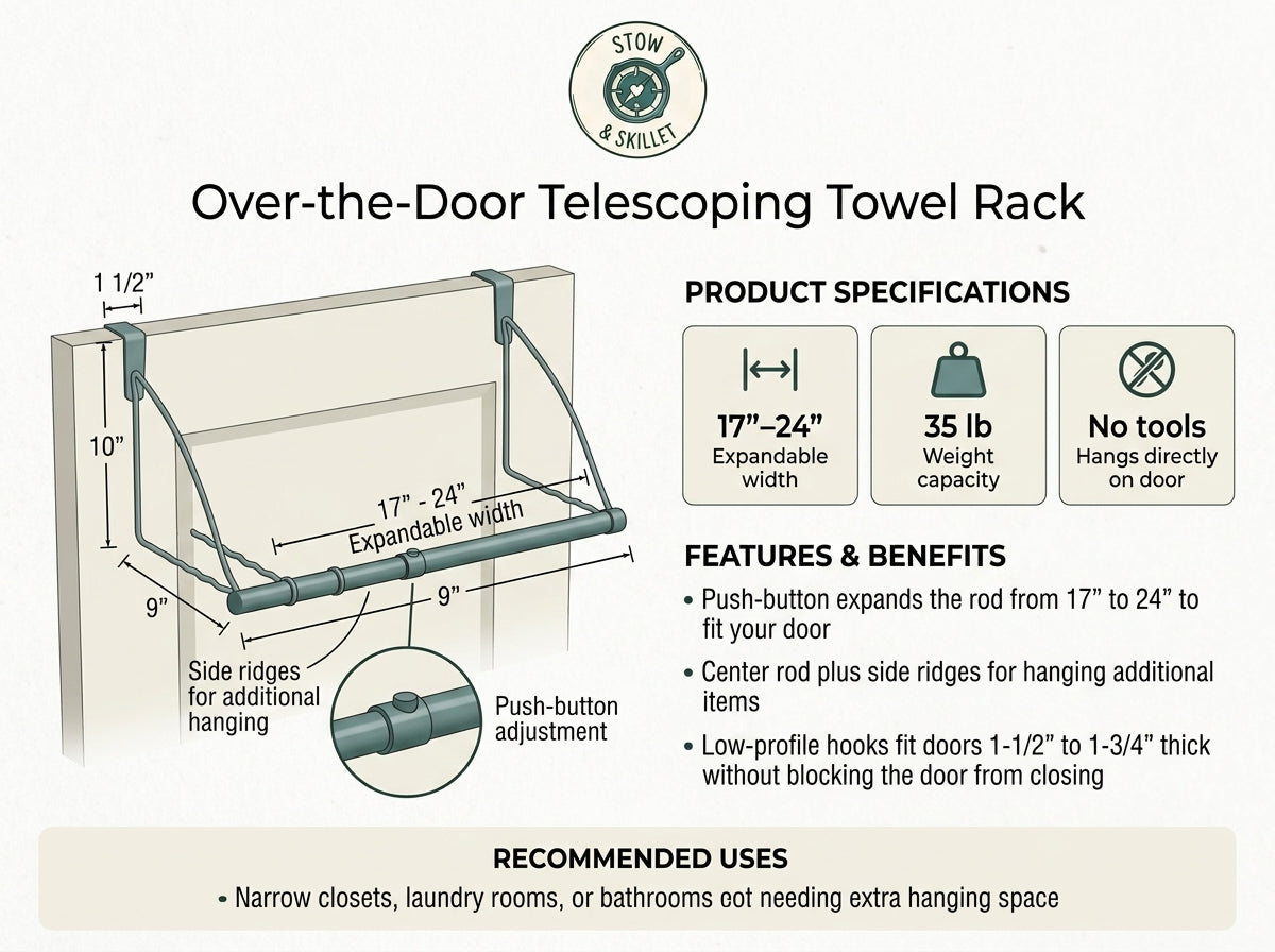 An informational product graphic for an over-the-door telescoping towel rack. The left side shows a labeled line drawing of the rack installed on a door with dimensions, a close-up inset of the push-button adjustment, and side ridges for additional hanging.