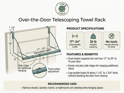 An informational product graphic for an over-the-door telescoping towel rack. The left side shows a labeled line drawing of the rack installed on a door with dimensions, a close-up inset of the push-button adjustment, and side ridges for additional hanging.