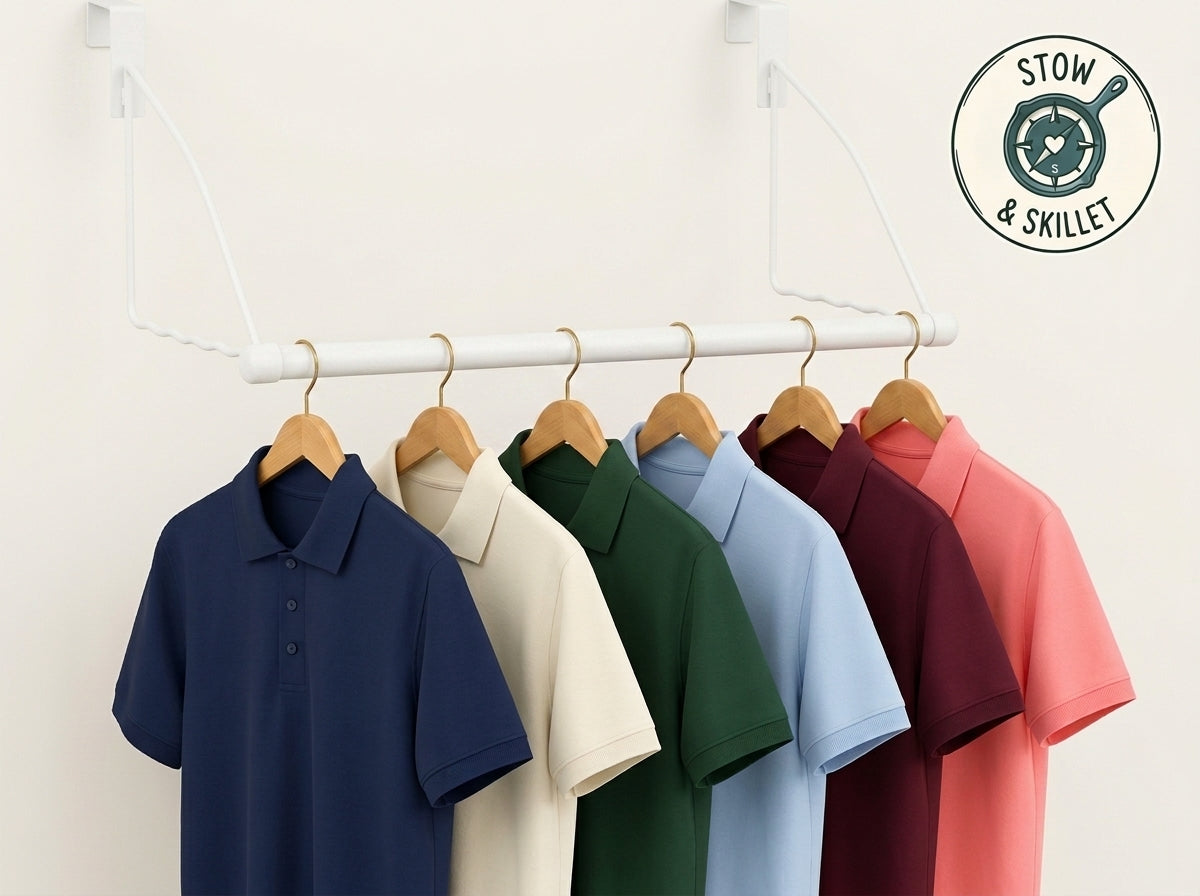 Six polo shirts in navy, cream, green, light blue, burgundy, and coral pink hang on wooden hangers from a white clothing rack against a white wall. A circular 'Stow & Skillet' logo is visible in the top right corner.