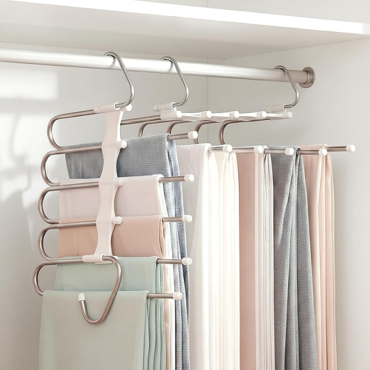 Multi-layered hanger with scarves on a closet rod