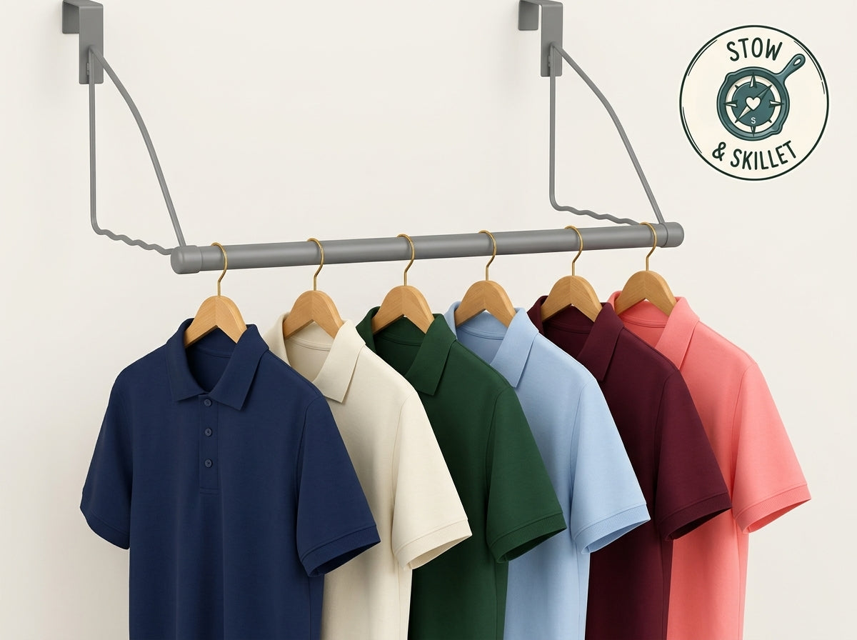 Six short-sleeve polo shirts in navy, cream, green, light blue, burgundy, and coral pink hang on wooden hangers from a gray metal rack mounted on a light beige wall. A circular 'Stow & Skillet' logo appears in the top right corner.