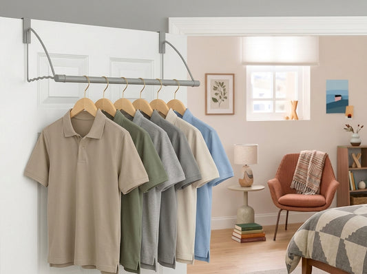 A wall-mounted metal clothesline with wooden hangers holding several polo shirts in neutral colors, shown installed on a white door in a bright, modern bedroom interior.