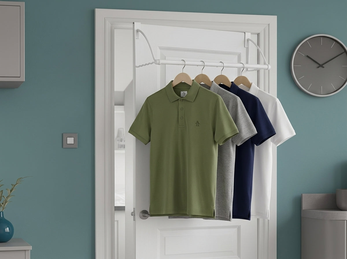 A green short-sleeve polo shirt hanging on a white over-the-door hanger in a doorway, with gray, navy, and white shirts behind it. The room has a blue wall, a round clock, and a light switch.