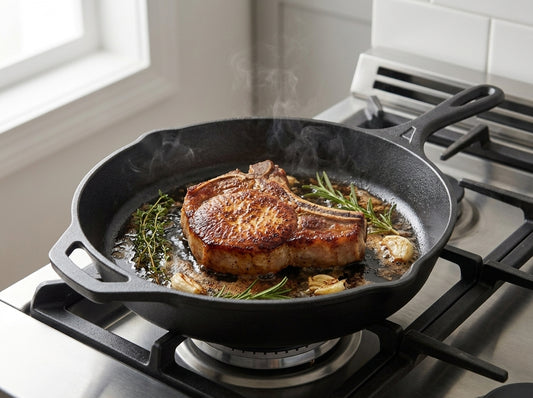 A cast iron skillet on a gas stovetop, cooking a seared T-bone steak with rosemary and garlic in a kitchen.