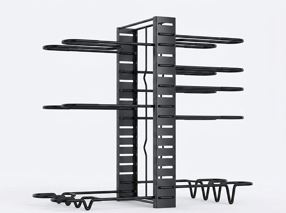 A black pot and pan organizer with multiple tiers and curved arms, shown on a clean white background.