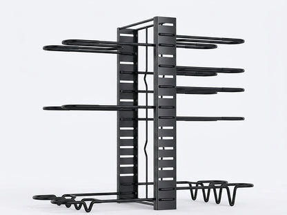 A black pot and pan organizer with multiple tiers and curved arms, shown on a clean white background.