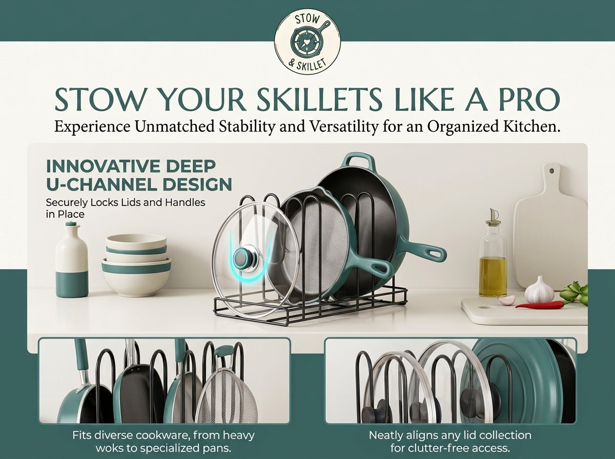 Promotional graphic for the U-Channel Deep Pan Stow system, showing teal and black cookware organized in a black metal rack on a white countertop with kitchen props, set against a dark teal and cream background with text callouts.