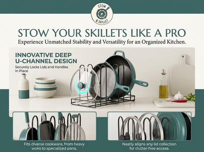 Promotional graphic for the U-Channel Deep Pan Stow system, showing teal and black cookware organized in a black metal rack on a white countertop with kitchen props, set against a dark teal and cream background with text callouts.