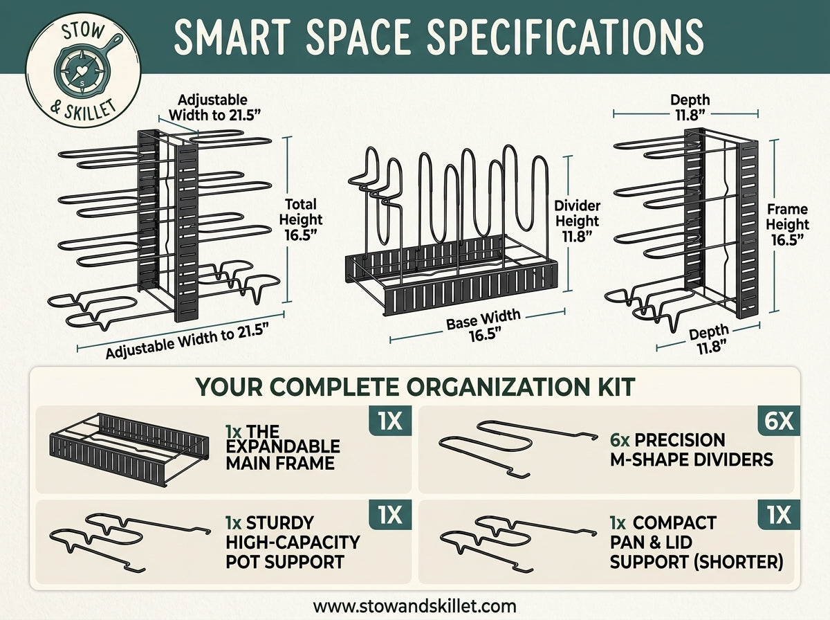 An infographic titled 'SMART SPACE SPECIFICATIONS' from Stow & Skillet, showing line drawings and dimensions for a storage organizer kit. The top section explains adjustable width, total height, base width, divider height, and frame height.