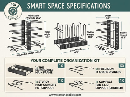 An infographic titled 'SMART SPACE SPECIFICATIONS' from Stow & Skillet, showing line drawings and dimensions for a storage organizer kit. The top section explains adjustable width, total height, base width, divider height, and frame height.