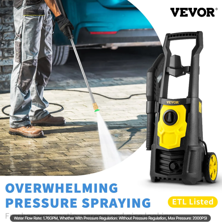 2000 PSI Electric Power Washer - Powerful 1.65 GPM Cleaner with 30 Ft Hose, Foam Cannon, and 5 Quick Connect Nozzles for Effortless Cleaning of Patios, Cars, and More!