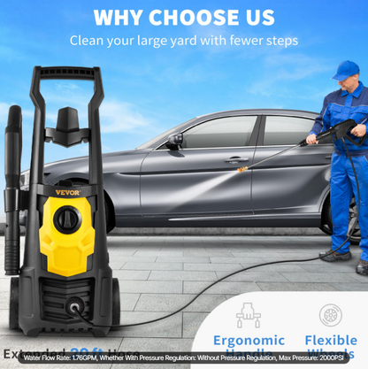 2000 PSI Electric Power Washer - Powerful 1.65 GPM Cleaner with 30 Ft Hose, Foam Cannon, and 5 Quick Connect Nozzles for Effortless Cleaning of Patios, Cars, and More!