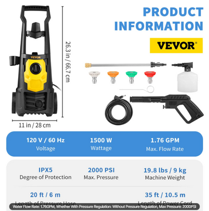 2000 PSI Electric Power Washer - Powerful 1.65 GPM Cleaner with 30 Ft Hose, Foam Cannon, and 5 Quick Connect Nozzles for Effortless Cleaning of Patios, Cars, and More!