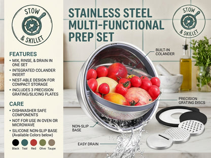 Stainless steel multi-functional prep set, featuring a colander with fruit inside, shown with accessories and text detailing features, care instructions, and color options on a kitchen-themed background.